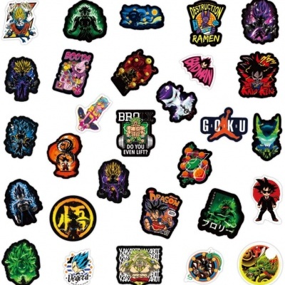 Autocolantes coloridos de Dragon Ball com várias personagens e textos