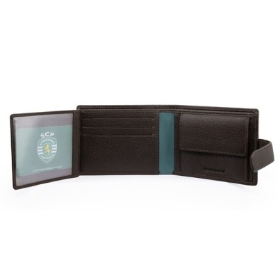 Carteira de pele castanha com compartimento moedas e logo SCP Sporting Portugal