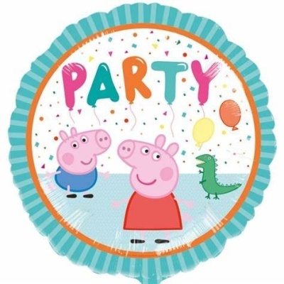 Balão de festa infantil Peppa Pig com texto PARTY e balões coloridos