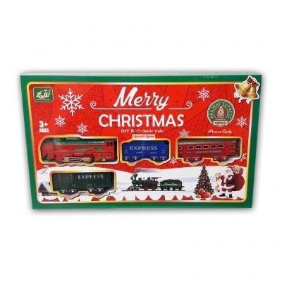 Conjunto de comboio de Natal em caixa verde e vermelha Merry Christmas com quatro carruagens coloridas