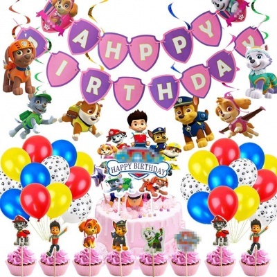 Decoração de festa Paw Patrol com banner Happy Birthday, balões coloridos, bolo decorado e cupcakes com toppers.
