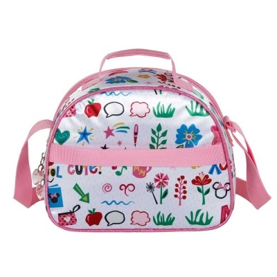 Mala pequena cor-de-rosa com desenhos infantis coloridos