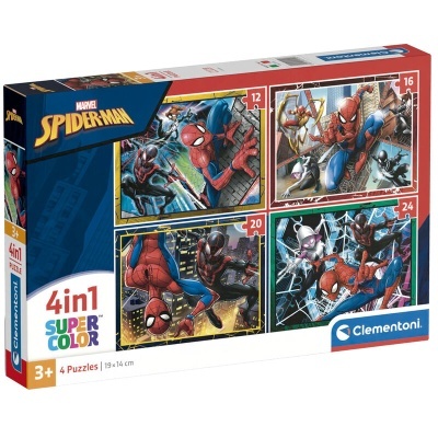 Caixa de puzzles Spider-Man com quatro imagens distintas e indicação de peças por puzzle.