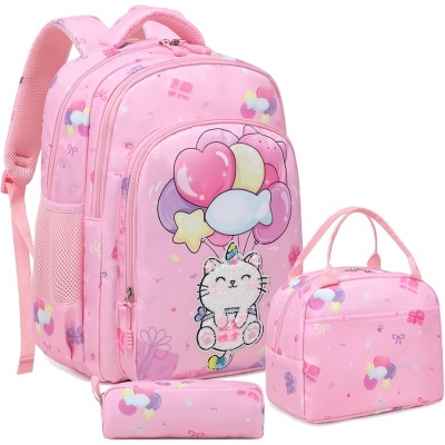Mochila, bolsa e estojo rosa com padrão de balões, presentes, laços e gato unicórnio colorido