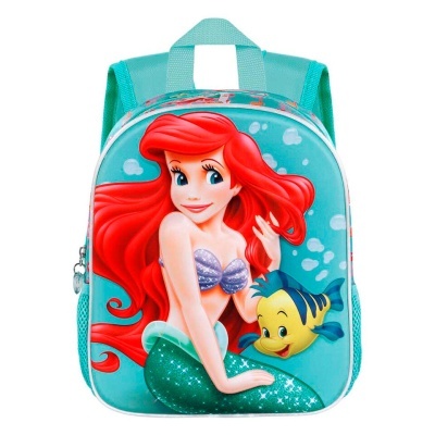 Mochila infantil com desenho da personagem Ariel e peixe Flounder em fundo azul