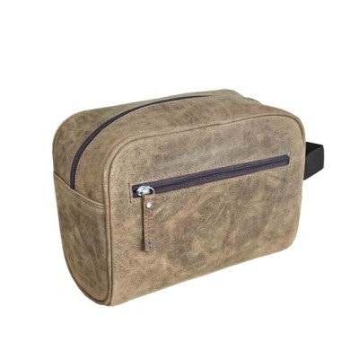 Bolsa tipo nécessaire bege com zíper castanho e alça preta