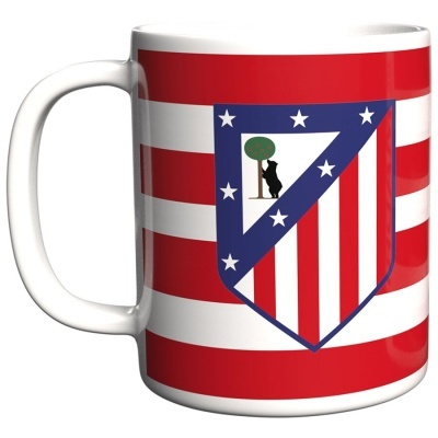 Caneca com escudo do Atlético de Madrid e riscas vermelhas e brancas