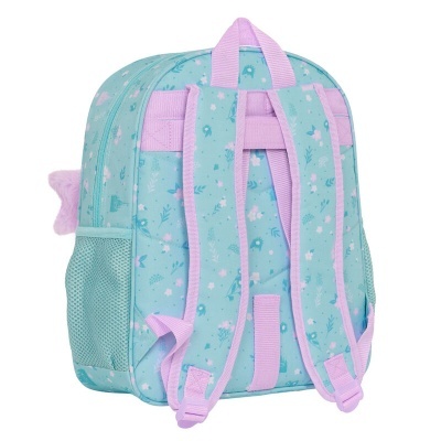 Mochila infantil azul turquesa com padrão de flores e alças lilás