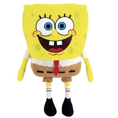 Pelúcia do personagem Bob Esponja com roupa castanha e gravata vermelha