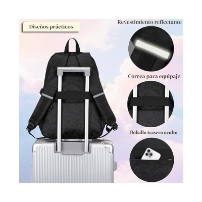 Mochila preta com correia para bagagem em mala rígida prateada