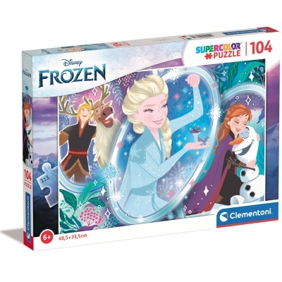 Caixa de puzzle Disney Frozen com 104 peças e ilustração das personagens principais