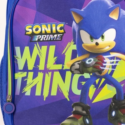 Mochila azul com estampa do personagem Sonic e texto 'SONIC PRIME WILD THINGS'