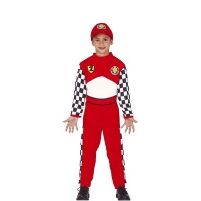 Fato de criança de piloto de corridas vermelho com padrões xadrez e boné