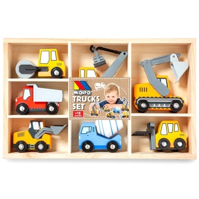 Conjunto de brinquedos de construção em madeira Molto Trucks Set com seis veículos em caixa de madeira