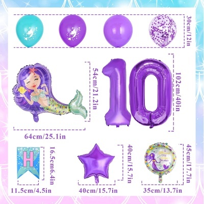 Conjunto de balões para festa com tema sereia em várias formas e cores, com medidas indicadas.