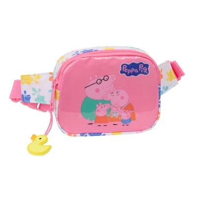 Carteira-peito rosa com estampa da família Peppa Pig e alça colorida
