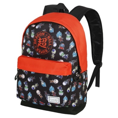 Mochila preta e vermelha estampada com personagens de Dragon Ball