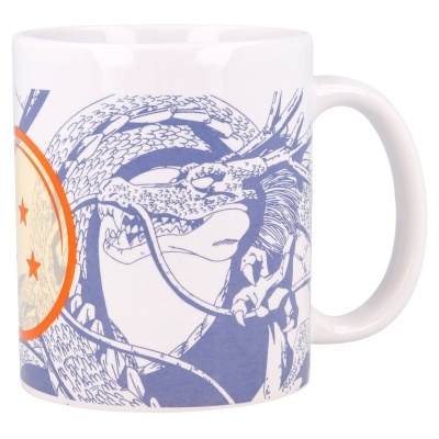 Caneca branca com ilustração azul de um dragão e círculo laranja com estrelas