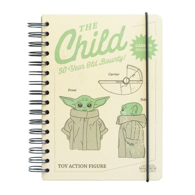 Caderno espiral com capa ilustrada do personagem The Child de Star Wars em verde e texto na capa