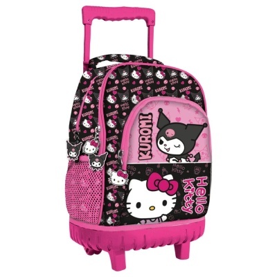 Mala infantil de rodinhas rosa com personagens Kuromi e Hello Kitty