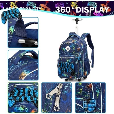 Mochila azul com padrão de videojogos e bolso frontal com textura pop it azul