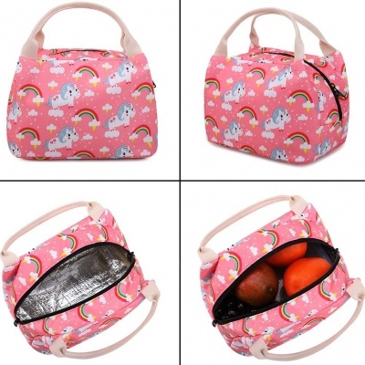 Bolsa térmica cor-de-rosa com unicórnios e arco-íris