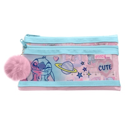 Estojo escolar rosa e azul com Stitch e pompom