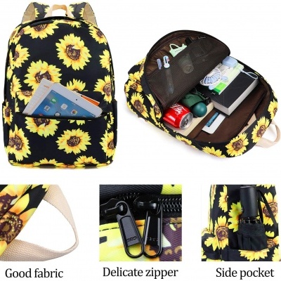 Mochila preta com padrão de girassóis amarelos e múltiplos compartimentos