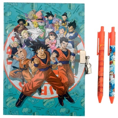 Caderno Dragon Ball com fecho metálico e duas canetas vermelhas com estampas da série