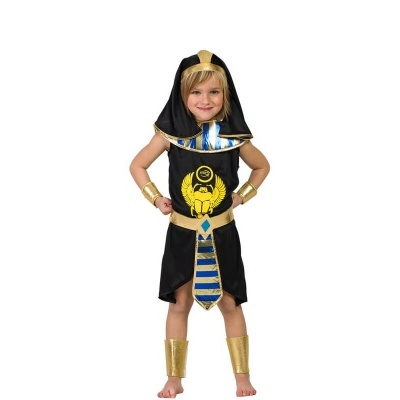 Criança vestindo fato de faraó egípcio preto e dourado com acessórios dourados