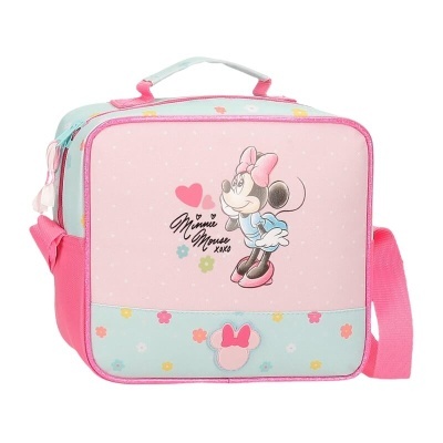 Mala infantil Minnie Mouse rosa e azul com padrão floral e imagem da personagem