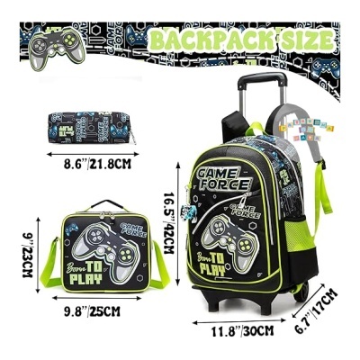 Mochila de rodinhas tema jogos com lancheira e estojo em preto, verde e azul