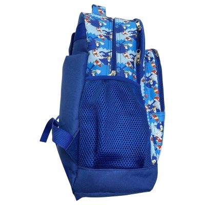 Mochila azul com padrões do personagem Sonic e bolsos de tela