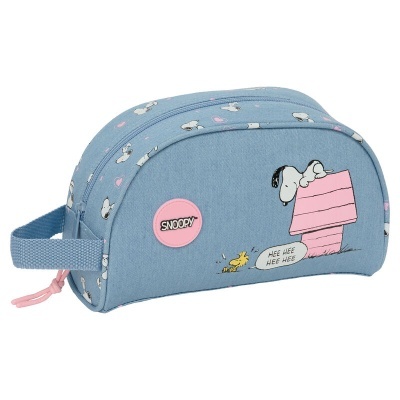 Necessaire azul com padrão Snoopy e desenho com texto