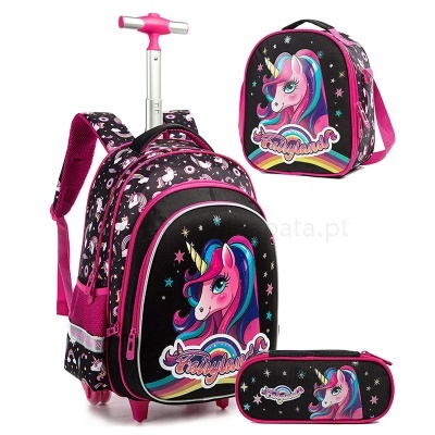 Mochila escolar com carrinho, mochila clássica e estojo com estampa de unicórnio rosa e arco-íris