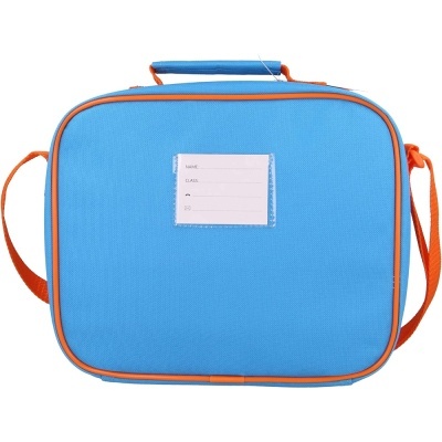 Mala escolar azul com contornos e alças laranja e etiqueta para identificação