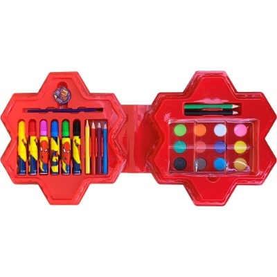 Estojo de pintura e desenho vermelho com tintas, lápis, pincel, borracha e apontador