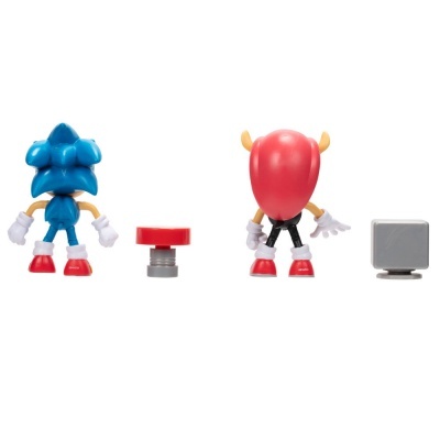 Figuras de Sonic azul e Dr. Robotnik de costas, botão vermelho e monitor cinzento
