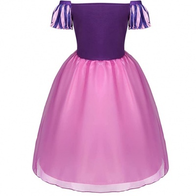 Vestido roxo e rosa para criança com saia brilhante e mangas lisas e listradas