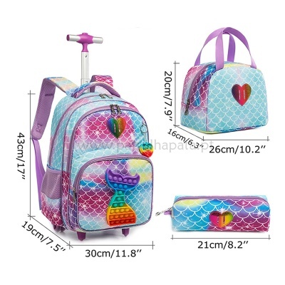 Mochila escolar trolley azul roxa com padrão de escamas, estojo e lancheira combinando