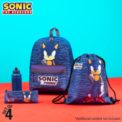 Conjunto de mochila, saco de cordão, estojo e garrafa Sonic The Hedgehog em azul com personagem e texto SONIC PRIME