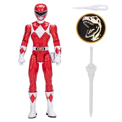 Figura Power Ranger vermelho com acessórios brancos e emblema dinossauro