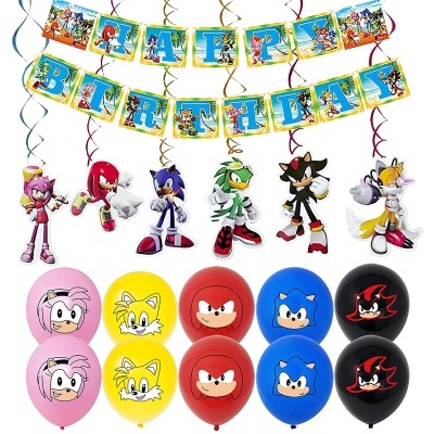 Decoração de festa de aniversário infantil do Sonic com letras, personagens e balões coloridos