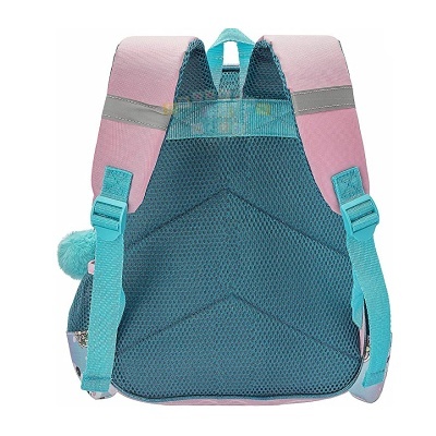 Mochila azul-turquesa e rosa para crianças com alças acolchoadas e pêndulo felpudo