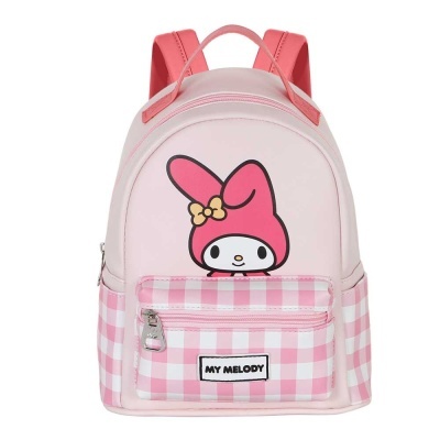 Mochila rosa com estampa My Melody e padrão xadrez rosa e branco