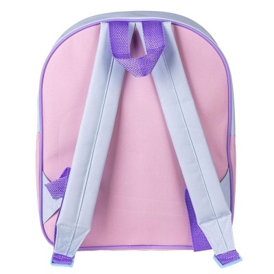 Mochila infantil rosa e lilás vista pelas costas