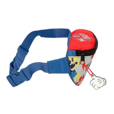 Bolsa de cintura infantil colorida com correia azul e fecho de correr