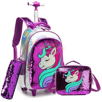 Conjunto de mochila, estojo e bolsa térmica com imagem de unicórnio em tecido holográfico e lilás