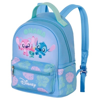 Mochila azul infantil com personagens Stitch e Angel da Disney, escrita OHANA e estampa floral