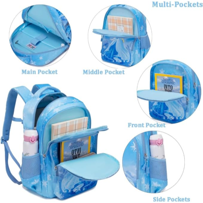 mochila azul clara com padrão de flocos de neve e bolsos múltiplos